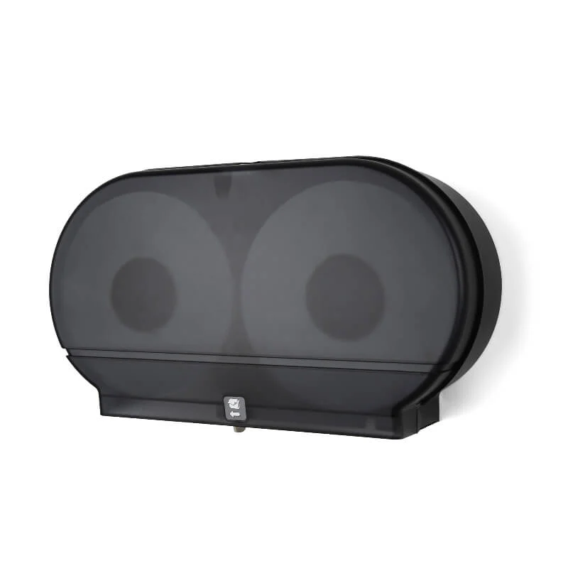 Twin Jumbo Roll Toilet Paper Dispenser, Plastic, Translucent Black with Fikes Logo, RD0027-02-AA